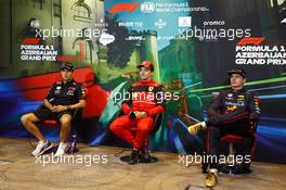 (L to R): Sergio Perez (MEX) Red Bull Racing; Charles Leclerc (MON) Ferrari; and Max Verstappen (NLD) Red Bull Racing, in the post qualifying FIA Press Conference. 11.06.2022. Formula 1 World Championship, Rd 8, Azerbaijan Grand Prix, Baku Street Circuit, Azerbaijan, Qualifying Day.