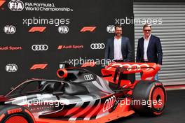(L to R): Markus Duesmann  (GER) Audi Chief Executive Officer and Oliver Hoffmann (GER) Audi Member of the Board of Management for Technical Development with a showcar in the pits as Audi has officially registered as an F1 engine manufacturer for the 2026 regulations. 26.08.2022. Formula 1 World Championship, Rd 14, Belgian Grand Prix, Spa Francorchamps, Belgium, Practice Day.