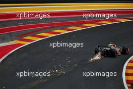 Sergio Perez (MEX) Red Bull Racing RB18 sends sparks flying. 26.08.2022. Formula 1 World Championship, Rd 14, Belgian Grand Prix, Spa Francorchamps, Belgium, Practice Day.