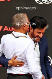 (L to R): Stefano Domenicali (ITA) Formula One President and CEO and Mohammed Bin Sulayem (UAE) FIA President - in the pits as Audi has officially registered as an F1 engine manufacturer for the 2026 regulations. 26.08.2022. Formula 1 World Championship, Rd 14, Belgian Grand Prix, Spa Francorchamps, Belgium, Practice Day.