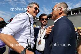 (L to R): Guenther Steiner (ITA) Haas F1 Team Prinicipal; Mohammed Bin Sulayem (UAE) FIA President; and Stefano Domenicali (ITA) Formula One President and CEO, on the grid. 28.08.2022. Formula 1 World Championship, Rd 14, Belgian Grand Prix, Spa Francorchamps, Belgium, Race Day.