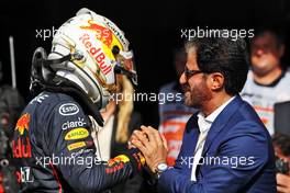(L to R): Race winner James Moy Photography celebrates with Mohammed Bin Sulayem (UAE) FIA President in parc ferme. 28.08.2022. Formula 1 World Championship, Rd 14, Belgian Grand Prix, Spa Francorchamps, Belgium, Race Day.