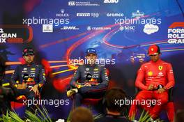 (L to R): Sergio Perez (MEX) Red Bull Racing; Max Verstappen (NLD) Red Bull Racing; and Carlos Sainz Jr (ESP) Ferrari, in the post race FIA Press Conference. 28.08.2022. Formula 1 World Championship, Rd 14, Belgian Grand Prix, Spa Francorchamps, Belgium, Race Day.