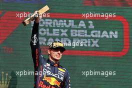 race winner Max Verstappen (NLD) Red Bull Racing celebrates On the podium. 28.08.2022. Formula 1 World Championship, Rd 14, Belgian Grand Prix, Spa Francorchamps, Belgium, Race Day.