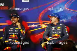 (L to R): Sergio Perez (MEX) Red Bull Racing and Max Verstappen (NLD) Red Bull Racing, in the post race FIA Press Conference. 28.08.2022. Formula 1 World Championship, Rd 14, Belgian Grand Prix, Spa Francorchamps, Belgium, Race Day.