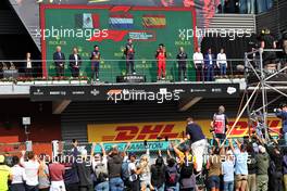 The podium (L to R): Sergio Perez (MEX) Red Bull Racing, second; Max Verstappen (NLD) Red Bull Racing, race winner; Carlos Sainz Jr (ESP) Ferrari, third. 28.08.2022. Formula 1 World Championship, Rd 14, Belgian Grand Prix, Spa Francorchamps, Belgium, Race Day.