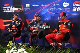 (L to R): Sergio Perez (MEX) Red Bull Racing; Max Verstappen (NLD) Red Bull Racing; and Carlos Sainz Jr (ESP) Ferrari, in the FIA Press Conference. 27.08.2022. Formula 1 World Championship, Rd 14, Belgian Grand Prix, Spa Francorchamps, Belgium, Qualifying Day.