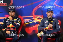 (L to R): Sergio Perez (MEX) Red Bull Racing and Max Verstappen (NLD) Red Bull Racing in the FIA Press Conference. 27.08.2022. Formula 1 World Championship, Rd 14, Belgian Grand Prix, Spa Francorchamps, Belgium, Qualifying Day.