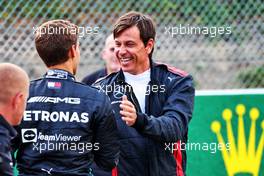 (L to R): George Russell (GBR) Mercedes AMG F1 with Toto Wolff (GER) Mercedes AMG F1 Shareholder and Executive Director. 25.08.2022. Formula 1 World Championship, Rd 14, Belgian Grand Prix, Spa Francorchamps, Belgium, Preparation Day.