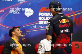 (L to R): Daniel Ricciardo (AUS) McLaren and Sergio Perez (MEX) Red Bull Racing in the FIA Press Conference. 25.08.2022. Formula 1 World Championship, Rd 14, Belgian Grand Prix, Spa Francorchamps, Belgium, Preparation Day.