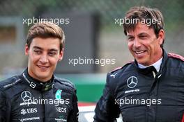 (L to R): George Russell (GBR) Mercedes AMG F1 and Toto Wolff (GER) Mercedes AMG F1 Shareholder and Executive Director. 25.08.2022. Formula 1 World Championship, Rd 14, Belgian Grand Prix, Spa Francorchamps, Belgium, Preparation Day.