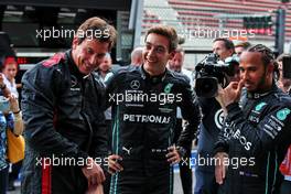 (L to R): Toto Wolff (GER) Mercedes AMG F1 Shareholder and Executive Director with George Russell (GBR) Mercedes AMG F1 and Lewis Hamilton (GBR) Mercedes AMG F1. 25.08.2022. Formula 1 World Championship, Rd 14, Belgian Grand Prix, Spa Francorchamps, Belgium, Preparation Day.