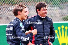 (L to R): George Russell (GBR) Mercedes AMG F1 and Toto Wolff (GER) Mercedes AMG F1 Shareholder and Executive Director. 25.08.2022. Formula 1 World Championship, Rd 14, Belgian Grand Prix, Spa Francorchamps, Belgium, Preparation Day.