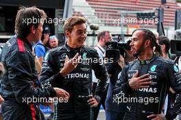 (L to R): Toto Wolff (GER) Mercedes AMG F1 Shareholder and Executive Director with George Russell (GBR) Mercedes AMG F1 and Lewis Hamilton (GBR) Mercedes AMG F1. 25.08.2022. Formula 1 World Championship, Rd 14, Belgian Grand Prix, Spa Francorchamps, Belgium, Preparation Day.