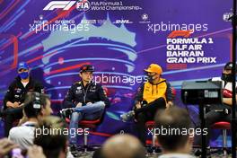(L to R): Mick Schumacher (GER) Haas F1 Team; Max Verstappen (NLD) Red Bull Racing; and Lando Norris (GBR) McLaren, in the FIA Press Conference. 18.03.2022. Formula 1 World Championship, Rd 1, Bahrain Grand Prix, Sakhir, Bahrain, Practice Day