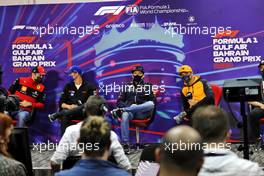 (L to R): Charles Leclerc (MON) Ferrari; Mick Schumacher (GER) Haas F1 Team ; Max Verstappen (NLD) Red Bull Racing; Lando Norris (GBR) McLaren; and Guanyu Zhou (CHN) Alfa Romeo F1 Team, in the FIA Press Conference. 18.03.2022. Formula 1 World Championship, Rd 1, Bahrain Grand Prix, Sakhir, Bahrain, Practice Day