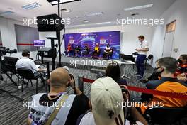 (L to R): Charles Leclerc (MON) Ferrari; Mick Schumacher (GER) Haas F1 Team ; Max Verstappen (NLD) Red Bull Racing; Lando Norris (GBR) McLaren; and Guanyu Zhou (CHN) Alfa Romeo F1 Team, in the FIA Press Conference. 18.03.2022. Formula 1 World Championship, Rd 1, Bahrain Grand Prix, Sakhir, Bahrain, Practice Day