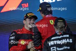 (L to R): Race winner Charles Leclerc (MON) Ferrari celebrates with second placed team mate Carlos Sainz Jr (ESP) Ferrari on the podium. 20.03.2022. Formula 1 World Championship, Rd 1, Bahrain Grand Prix, Sakhir, Bahrain, Race Day.