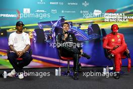 (L to R): Lewis Hamilton (GBR) Mercedes AMG F1; George Russell (GBR) Mercedes AMG F1; and Carlos Sainz Jr (ESP) Ferrari, in the post race FIA Press Conference. 13.11.2022. Formula 1 World Championship, Rd 21, Brazilian Grand Prix, Sao Paulo, Brazil, Race Day.