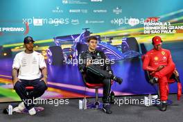 (L to R): Lewis Hamilton (GBR) Mercedes AMG F1; George Russell (GBR) Mercedes AMG F1; and Carlos Sainz Jr (ESP) Ferrari, in the post race FIA Press Conference. 13.11.2022. Formula 1 World Championship, Rd 21, Brazilian Grand Prix, Sao Paulo, Brazil, Race Day.
