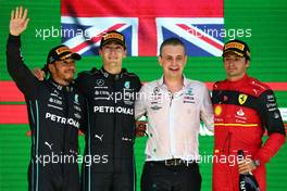 The podium (L to R): Lewis Hamilton (GBR) Mercedes AMG F1, second; George Russell (GBR) Mercedes AMG F1, race winner; Riccardo Musconi (ITA) Mercedes AMG F1 Performance Engineer; Carlos Sainz Jr (ESP) Ferrari, third. 13.11.2022. Formula 1 World Championship, Rd 21, Brazilian Grand Prix, Sao Paulo, Brazil, Race Day.
