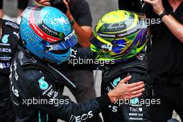 Race winner George Russell (GBR) Mercedes AMG F1 with second placed team mate Lewis Hamilton (GBR) Mercedes AMG F1 in parc ferme. 13.11.2022. Formula 1 World Championship, Rd 21, Brazilian Grand Prix, Sao Paulo, Brazil, Race Day.