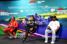 (L to R): Carlos Sainz Jr (ESP) Ferrari; George Russell (GBR) Mercedes AMG F1; and Lewis Hamilton (GBR) Mercedes AMG F1, in the post Sprint FIA Press Conference. 12.11.2022. Formula 1 World Championship, Rd 21, Brazilian Grand Prix, Sao Paulo, Brazil, Sprint Day.