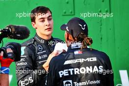 (L to R): George Russell (GBR) Mercedes AMG F1 with team mate Lewis Hamilton (GBR) Mercedes AMG F1 in Sprint parc ferme. 12.11.2022. Formula 1 World Championship, Rd 21, Brazilian Grand Prix, Sao Paulo, Brazil, Sprint Day.