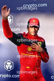 Carlos Sainz Jr (ESP) Ferrari celebrates his second position in Sprint parc ferme. 12.11.2022. Formula 1 World Championship, Rd 21, Brazilian Grand Prix, Sao Paulo, Brazil, Sprint Day.
