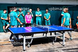 (L to R): Lance Stroll (CDN) Aston Martin F1 Team and Sebastian Vettel (GER) Aston Martin F1 Team play table tennis in the paddock. 10.11.2022. Formula 1 World Championship, Rd 21, Brazilian Grand Prix, Sao Paulo, Brazil, Preparation Day.