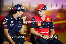 (L to R): Sergio Perez (MEX) Red Bull Racing and Charles Leclerc (MON) Ferrari in the FIA Press Conference. 20.05.2022 Formula 1 World Championship, Rd 6, Spanish Grand Prix, Barcelona, Spain, Practice Day.