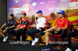 (L to R): Sergio Perez (MEX) Red Bull Racing; Charles Leclerc (MON) Ferrari; Mick Schumacher (GER) Haas F1 Team; and Fernando Alonso (ESP) Alpine F1 Team, in the FIA Press Conference. 20.05.2022 Formula 1 World Championship, Rd 6, Spanish Grand Prix, Barcelona, Spain, Practice Day.