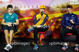 (L to R): Lance Stroll (CDN) Aston Martin F1 Team; Lando Norris (GBR) McLaren; and Alexander Albon (THA) Williams Racing, in the FIA Press Conference. 20.05.2022 Formula 1 World Championship, Rd 6, Spanish Grand Prix, Barcelona, Spain, Practice Day.