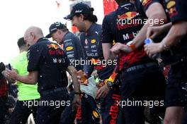 Adrian Newey (GBR) Red Bull Racing Chief Technical Officer; Max Verstappen (NLD) Red Bull Racing; and Sergio Perez (MEX) Red Bull Racing at the post race team 1-2 celebration. 22.05.2022. Formula 1 World Championship, Rd 6, Spanish Grand Prix, Barcelona, Spain, Race Day.