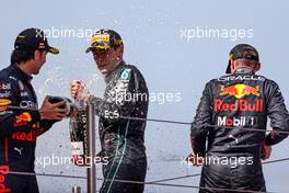 Sergio Perez (MEX), Red Bull Racing and Max Verstappen (NLD), Red Bull Racing and George Russell (GBR), Mercedes AMG F1  22.05.2022. Formula 1 World Championship, Rd 6, Spanish Grand Prix, Barcelona, Spain, Race Day.