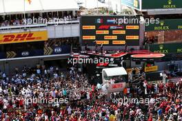 The podium: Sergio Perez (MEX) Red Bull Racing, second; Max Verstappen (NLD) Red Bull Racing, race winner; George Russell (GBR) Mercedes AMG F1, third. 22.05.2022. Formula 1 World Championship, Rd 6, Spanish Grand Prix, Barcelona, Spain, Race Day.