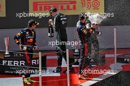 The podium (L to R): Sergio Perez (MEX) Red Bull Racing, second; Max Verstappen (NLD) Red Bull Racing, race winner; George Russell (GBR) Mercedes AMG F1, third. 22.05.2022. Formula 1 World Championship, Rd 6, Spanish Grand Prix, Barcelona, Spain, Race Day.