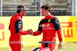 Charles Leclerc (MON) Ferrari (Right) celebrates his pole position in qualifying parc ferme with third placed team mate Carlos Sainz Jr (ESP) Ferrari. 21.05.2022. Formula 1 World Championship, Rd 6, Spanish Grand Prix, Barcelona, Spain, Qualifying Day.
