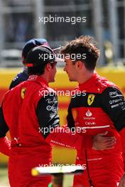 Charles Leclerc (MON) Ferrari (Right) celebrates his pole position in qualifying parc ferme with third placed team mate Carlos Sainz Jr (ESP) Ferrari. 21.05.2022. Formula 1 World Championship, Rd 6, Spanish Grand Prix, Barcelona, Spain, Qualifying Day.