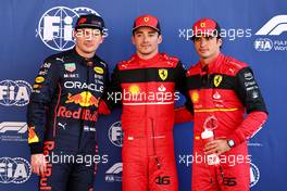 Qualifying top three in parc ferme (L to R): Max Verstappen (NLD) Red Bull Racing, second; Charles Leclerc (MON) Ferrari, pole position; Carlos Sainz Jr (ESP) Ferrari, third. 21.05.2022. Formula 1 World Championship, Rd 6, Spanish Grand Prix, Barcelona, Spain, Qualifying Day.