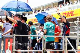 (L to R): Valtteri Bottas (FIN) Alfa Romeo F1 Team; Sebastian Vettel (GER) Aston Martin F1 Team; and Max Verstappen (NLD) Red Bull Racing, on the drivers parade. 22.05.2022. Formula 1 World Championship, Rd 6, Spanish Grand Prix, Barcelona, Spain, Race Day.