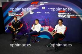 (L to R): Laurent Rossi (FRA) Alpine Chief Executive Officer; Jost Capito (GER) Williams Racing Chief Executive Officer; and Andrew Shovlin (GBR) Mercedes AMG F1 Trackside Engineering Director, in the FIA Press Conference. 23.07.2022. Formula 1 World Championship, Rd 12, French Grand Prix, Paul Ricard, France, Qualifying Day.