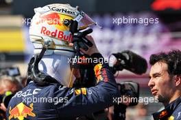Max Verstappen (NLD) Red Bull Racing with team mate Sergio Perez (MEX) Red Bull Racing in qualifying parc ferme. 23.07.2022. Formula 1 World Championship, Rd 12, French Grand Prix, Paul Ricard, France, Qualifying Day.