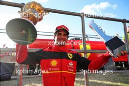 Race winner Carlos Sainz Jr (ESP) Ferrari celebrates with his trophies. 03.07.2022. Formula 1 World Championship, Rd 10, British Grand Prix, Silverstone, England, Race Day.