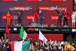 The podium (L to R): Sergio Perez (MEX) Red Bull Racing, second; Carlos Sainz Jr (ESP) Ferrari, race winner; Lewis Hamilton (GBR) Mercedes AMG F1, third. 03.07.2022. Formula 1 World Championship, Rd 10, British Grand Prix, Silverstone, England, Race Day.