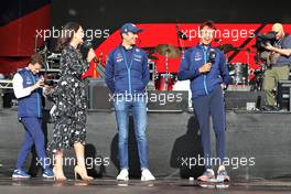 (L to R): Laura Winter (GBR) F1 Presenter with Nicholas Latifi (CDN) Williams Racing and  Alexander Albon (THA) Williams Racing on the FanZone stage.  02.07.2022. Formula 1 World Championship, Rd 10, British Grand Prix, Silverstone, England, Qualifying Day.