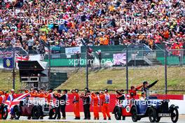 Max Verstappen (NLD) Red Bull Racing and Charles Leclerc (MON) Ferrari on the drivers parade. 03.07.2022. Formula 1 World Championship, Rd 10, British Grand Prix, Silverstone, England, Race Day.
