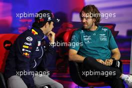 (L to R): Sergio Perez (MEX) Red Bull Racing and Sebastian Vettel (GER) Aston Martin F1 Team in the FIA Press Conference. 30.06.2022. Formula 1 World Championship, Rd 10, British Grand Prix, Silverstone, England, Preparation Day.