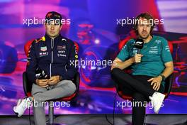 (L to R): Sergio Perez (MEX) Red Bull Racing and Sebastian Vettel (GER) Aston Martin F1 Team in the FIA Press Conference. 30.06.2022. Formula 1 World Championship, Rd 10, British Grand Prix, Silverstone, England, Preparation Day.