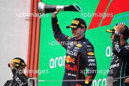 The podium (L to R): Lewis Hamilton (GBR) Mercedes AMG F1, second; Max Verstappen (NLD) Red Bull Racing, race winner; George Russell (GBR) Mercedes AMG F1, third. 31.07.2022. Formula 1 World Championship, Rd 13, Hungarian Grand Prix, Budapest, Hungary, Race Day.